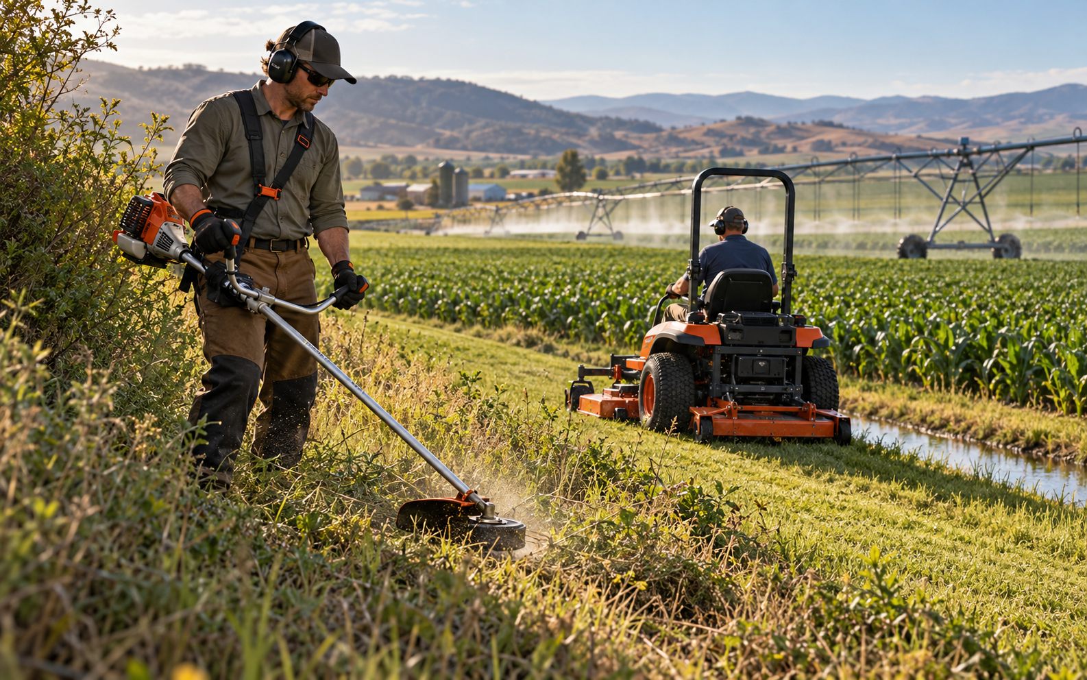 Farm operator maintaining field edges with professional landscaping equipment