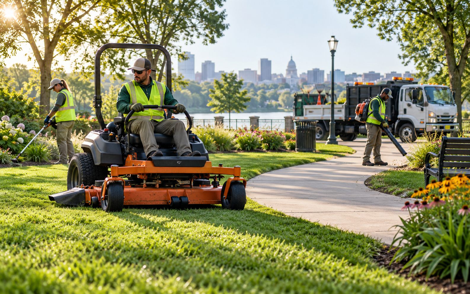 Municipal parks crew maintaining a public green space with landscaping equipment
