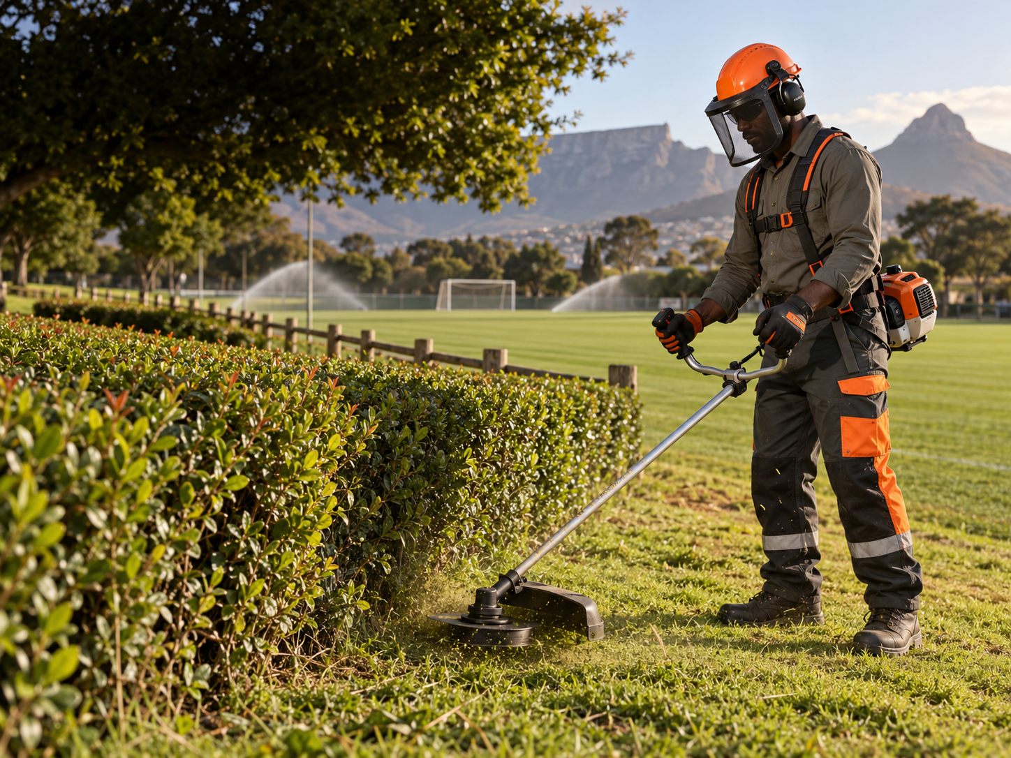 Professional landscaper operating a brush cutter beside a maintained sports field