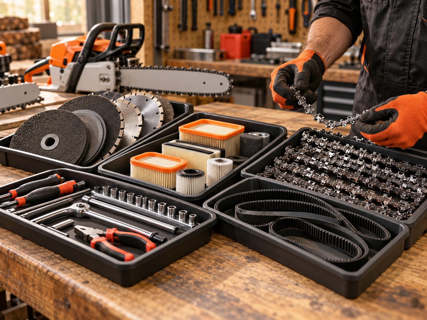 Technician checking replacement parts and consumables on a workshop bench